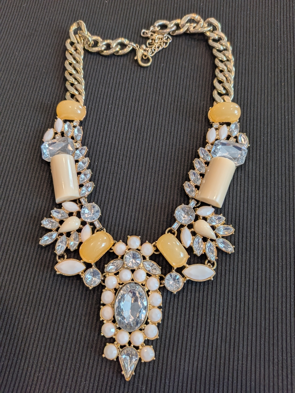 B#4:Statement Gold-Tone Necklace 12" with Cream and Clear Stones